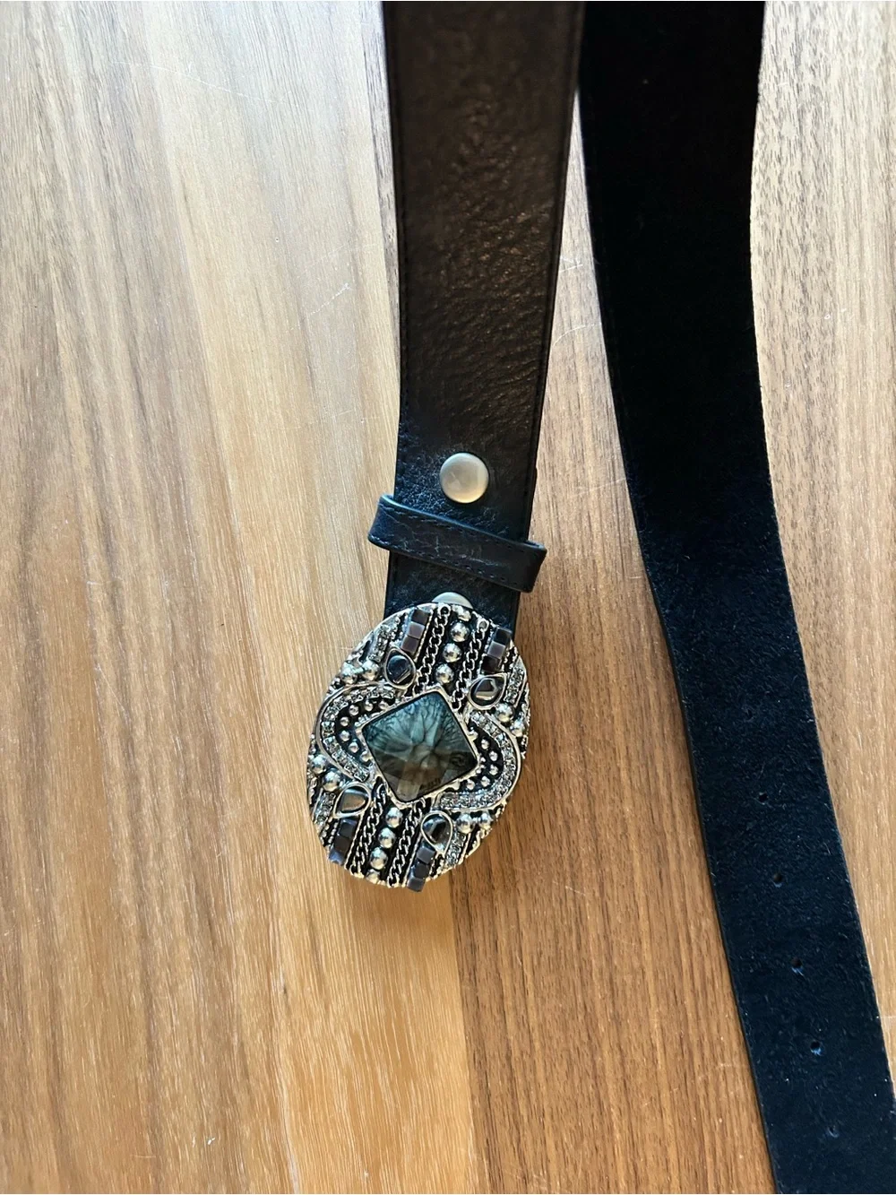 Leatherock Black Leather Belt with Ornate Gemstone